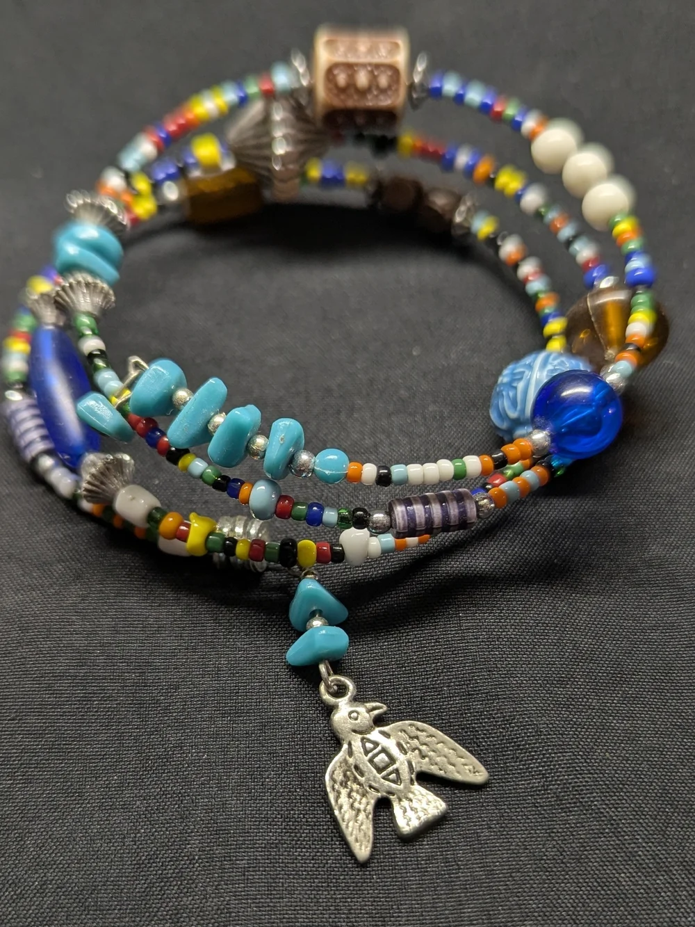 Bohemian Turquoise Multicolor Beaded Wrap Bracelet with Bird Charm